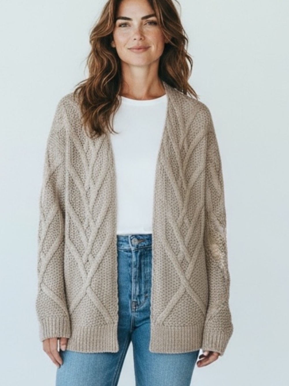 Loft Wool Blend Cable Knit Cardigan Sweater Dress Women’s  Size XS Tan